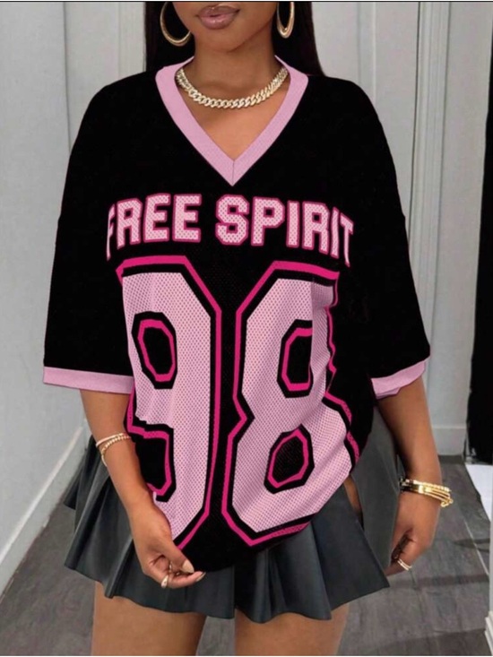 SHEIN Tops - SHEIN Black and Pink 'Free Spirit' Oversized Jersey